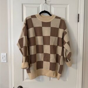 Chunky Checkerboard Knit Sweater - Neutral Beige & Brown